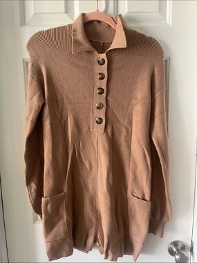 Cozy Knit Button-Front Romper in Camel